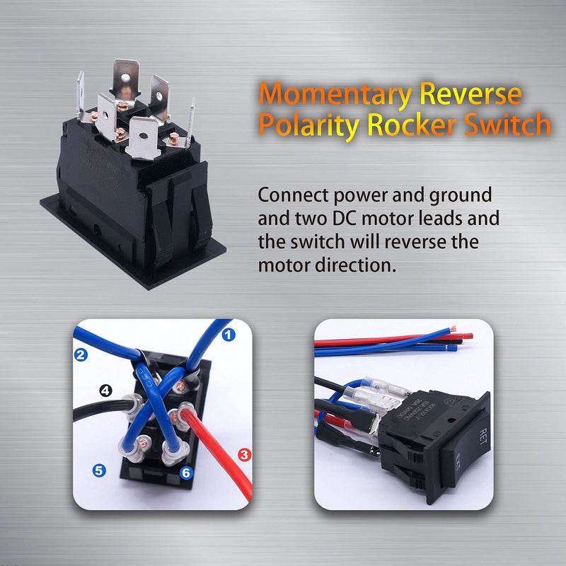 weideer Momentary Reverse Polarity Rocker Switch DPDT (ON)-Off-(ON) 6 Pin 20A 12V DC Power Tongue Jack Switch with Jumper Wires for RV Trailer Motor Control KCD2-7-223-6P-X - Image 4